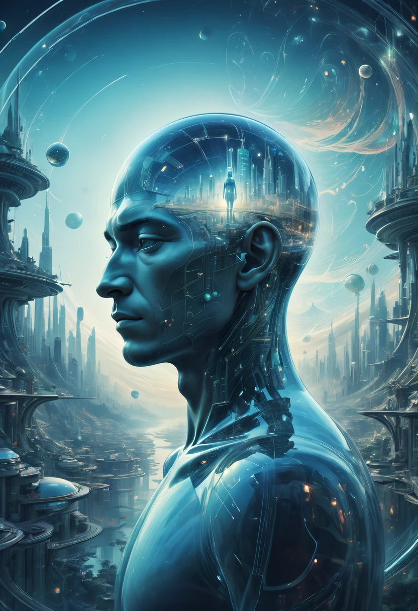 Dubrec style,Transparent person avatar,Vision of the future utopian world image,(multiple exposure:1.8),Complex illustrations in surrealist art style,Surreal dreams,Future utopian world dream
