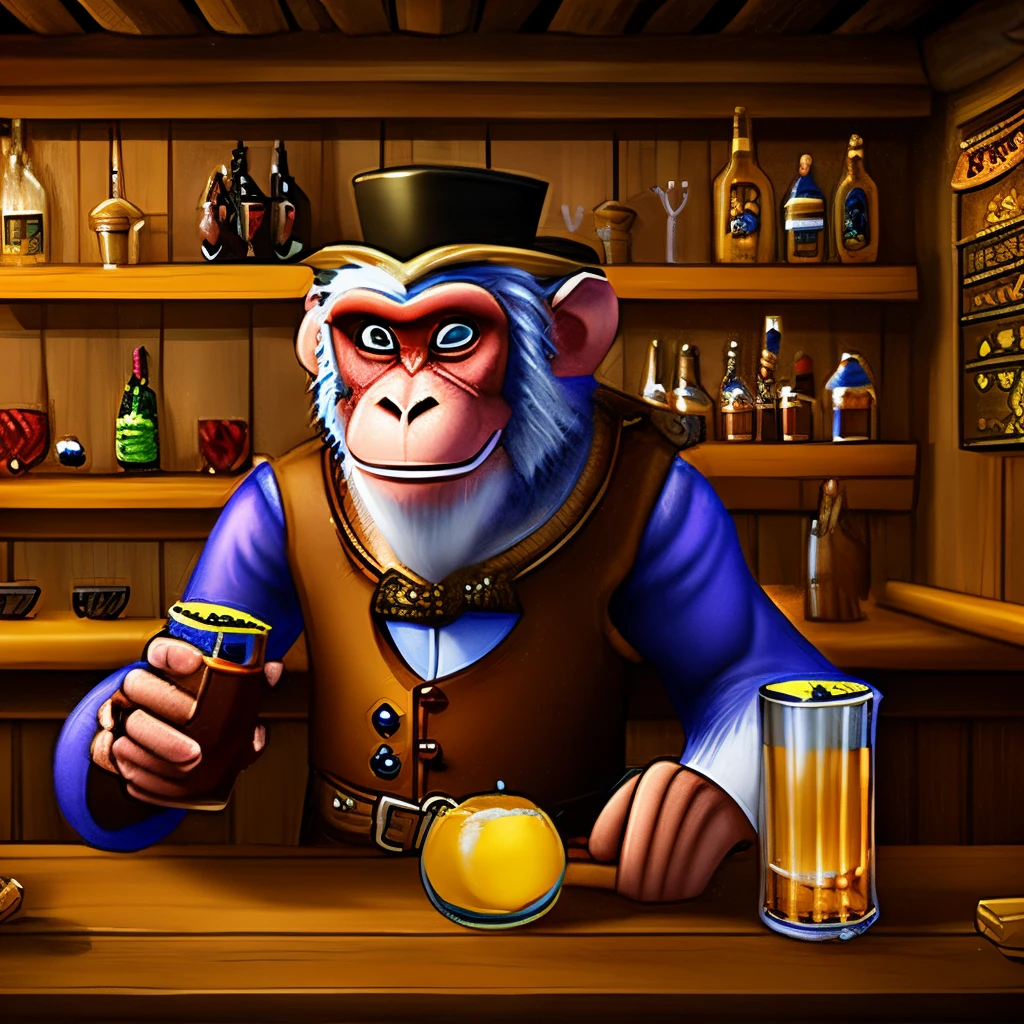 monkey bartender, fantasy, background tavern, drinks, food and people, happy face