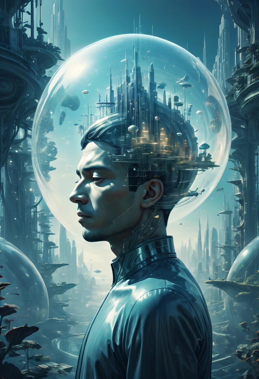 Dubrec style,Transparent person avatar,Vision of the future utopian world image,(multiple exposure:1.8),Complex illustrations in surrealist art style,Surreal dreams,Future utopian world dream