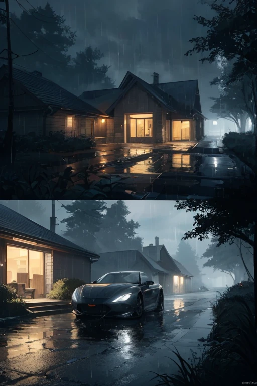 "In the tranquil embrace of a rainy night, a deep-blue sports car stands as a solitary sentinel along a desolate road. The polished surfaces of the car, meticulously designed to eschew excessive reflection, subtly catch the glow of the streetlamp positioned directly above. The rain, a delicate symphony of droplets, falls with a rhythmic precision, enveloping the scene in a misty ambiance that heightens the feeling of isolation.
The streetlamp's focused beam creates a sharp illumination, delineating the sleek contours of the sports car against the rainy backdrop. Each raindrop, caught in the glow, sparkles momentarily before merging into the obscurity of the night. The LED headlights of the car, cutting through the rain, cast a cascade of luminous streaks, adding a dynamic visual element to the otherwise muted landscape.
Beyond the car, a forest stands in silent repose, its trees appearing as ghostly silhouettes through the veil of rain. The darkness and rain conspire to obscure details, creating an ethereal separation between the sleek sophistication of the car and the untamed natural beauty of the forest.
Adjacent to the car, a modest two-story house, bearing the quaint simplicity of a neighborhood dwelling, emerges from the rain-soaked night. The house, though unassuming, exudes a certain charm, with a single room on the second floor softly lit. The warm glow from the window reveals a glimpse of domesticity against the backdrop of the rain-soaked exterior.
Captured from a third-person perspective, this detailed image not only paints a visually immersive scene but also conveys a profound sense of isolation. The interplay of rain, sharp lighting, and the juxtaposition of the elegant sports car with the unpretentious house in the midst of the rain-soaked night creates a narrative of quiet solitude and contemplation."