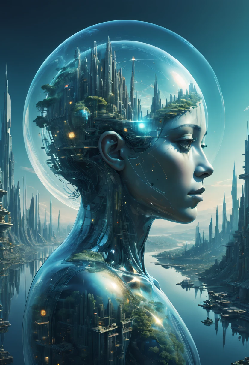 Dubrec style，Transparent person avatar，Vision of the future utopian world image，（multiple exposure：1.8），Complex illustrations in surrealist art style，Surreal dreams，Future utopian world dream