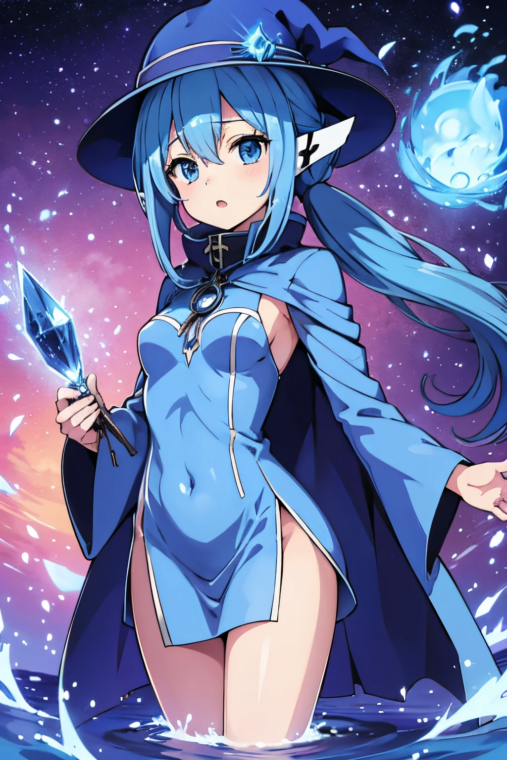 nymph, blue eyes, blue hair, long hair,low Ponytail, water, zodiac magic, big mage hat, zodiac