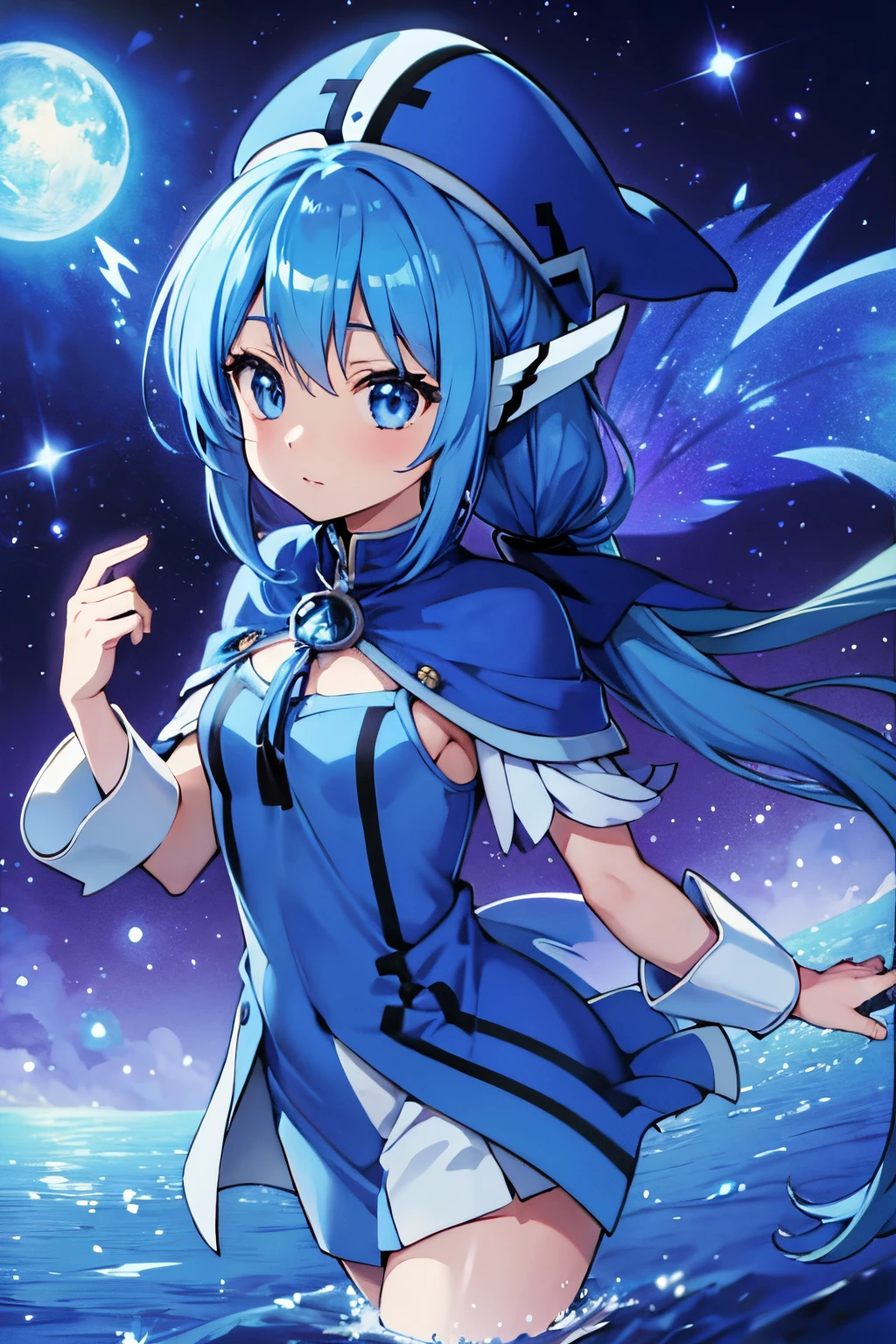 nymph, blue eyes, blue hair, long hair,low Ponytail, water, zodiac magic, big mage hat, zodiac