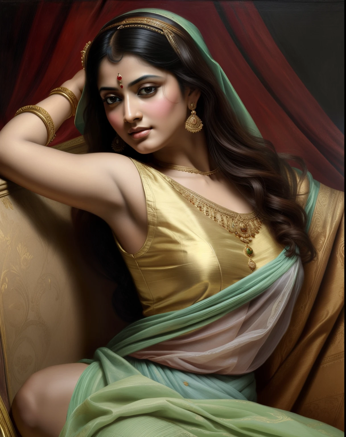 Beautiful Indian Woman, wearing saree, sari Beauty, gorgeous, Apsara, Maharani, royal queen woman, nymph from Hindu Mythology, Urvashi, matchless beauty, Highly detailed, Oil Painting by Peter Paul Rubens inspired by Raja Ravi Varma, Matchless beauty, captivating, gorgeous, heavenly beauty, celestial beauty, by Peter Paul Rubens, 1893, realistic, hyper realistic, micro details, incredible artwork, insane details, ultra High resolution, 8k, 32k, acrylic on canvas, intricate, flawless, detailed, detailed face, detailed eyes, masterpiece, by Peter Paul Rubens, by Caravaggio, by William Adolphe bouguereau, perfect face, perfect body, beautiful art, realism, baroque, renaissance Art, highly textured, beautiful and detailed eyes, uhd, best quality,