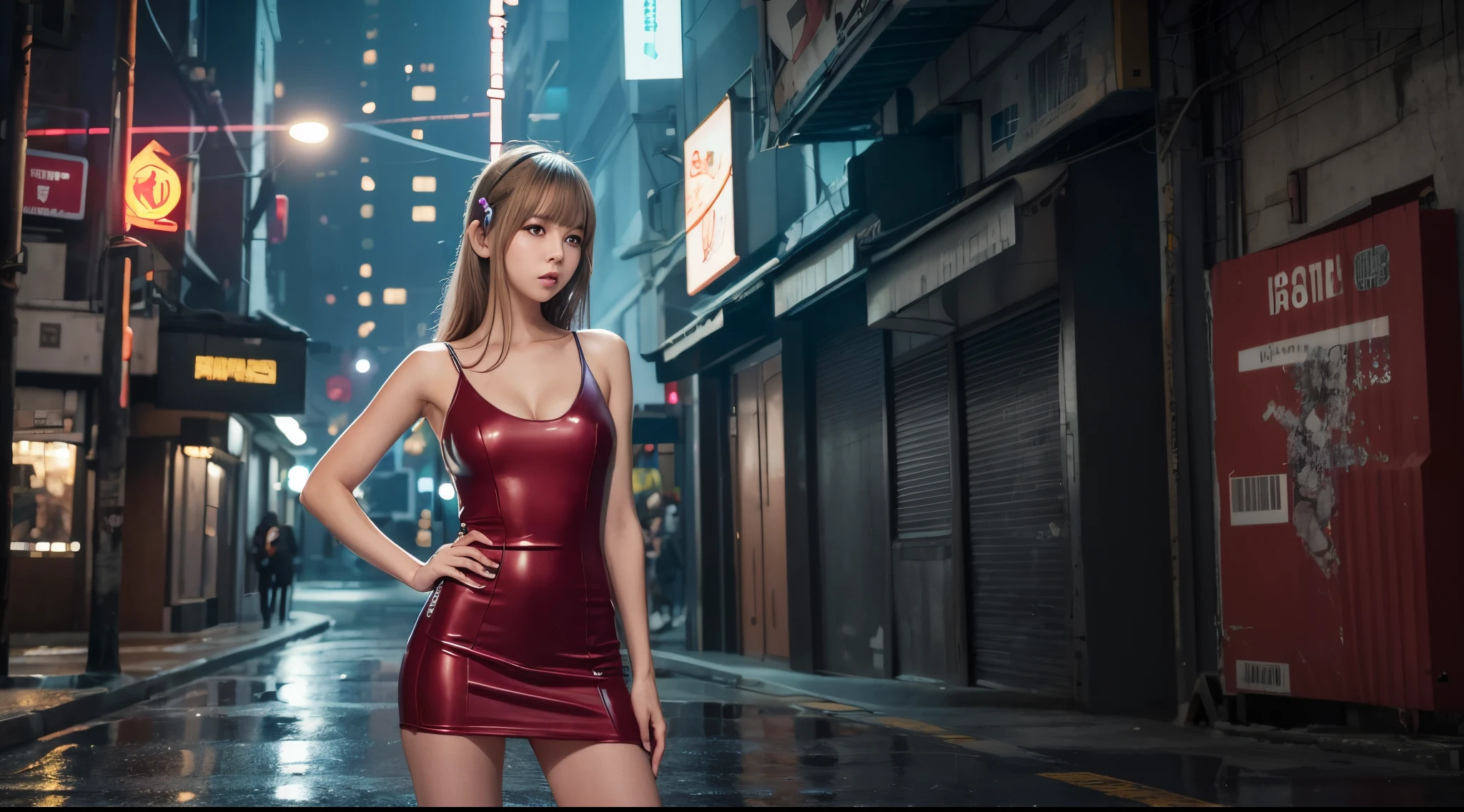 fotorrealista,Realistic illustration in Modelshoot style,Masterpice,melhor qualidade,ultra detalhado,A bela waifu Lalisa Manoban em um vestido vermelho sexy em uma cidade cyberpunk,Detalhes intrincados,Papel de parede da unidade CG 8k,octane rendering,