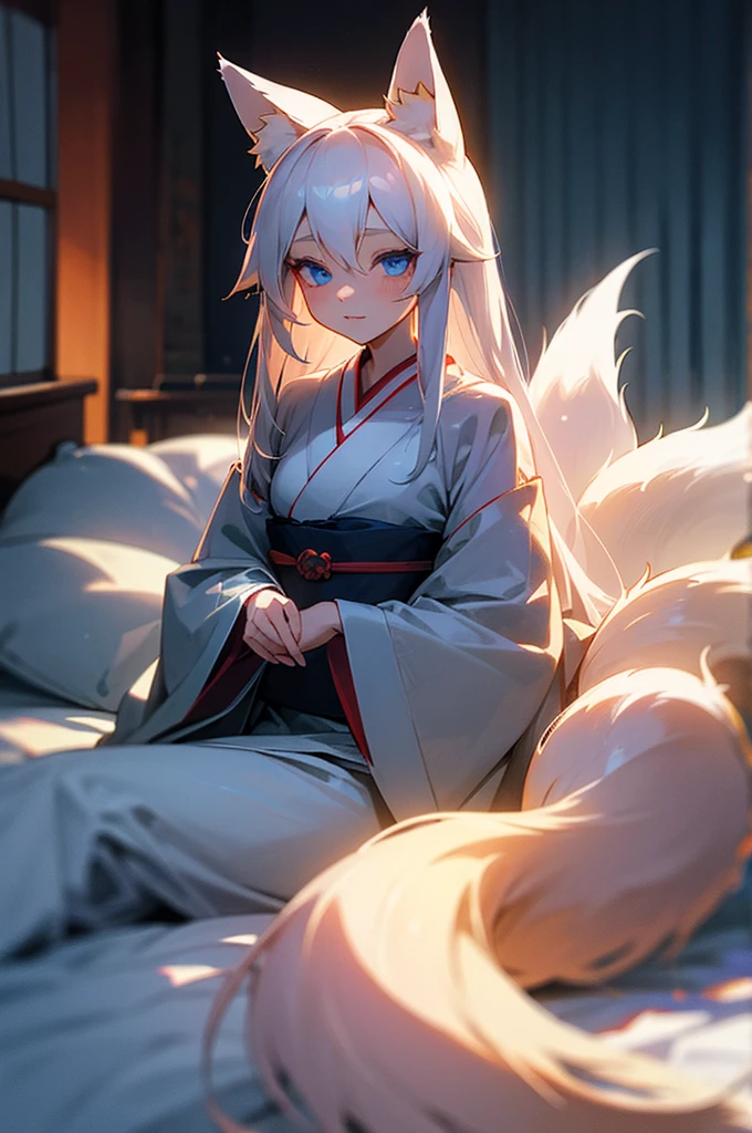 Beautiful young girl, long white hair, blue eyes, dimly-lit, bedroom, kitsune, fox-ears, fox-tail, kimono.