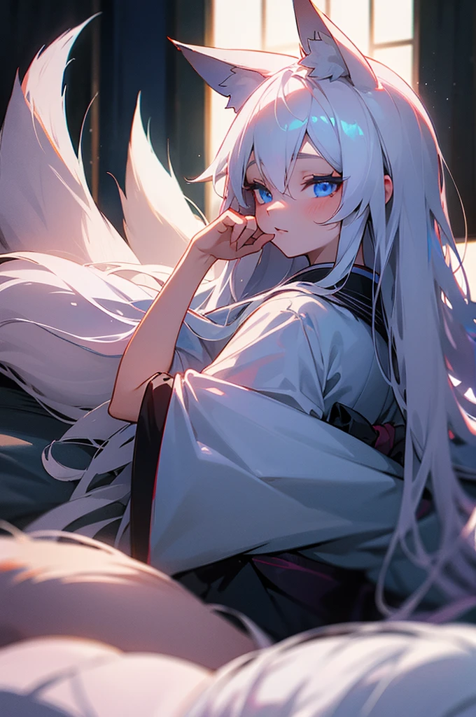 Beautiful young girl, long white hair, blue eyes, dimly-lit, bedroom, kitsune, fox-ears, fox-tail, kimono.