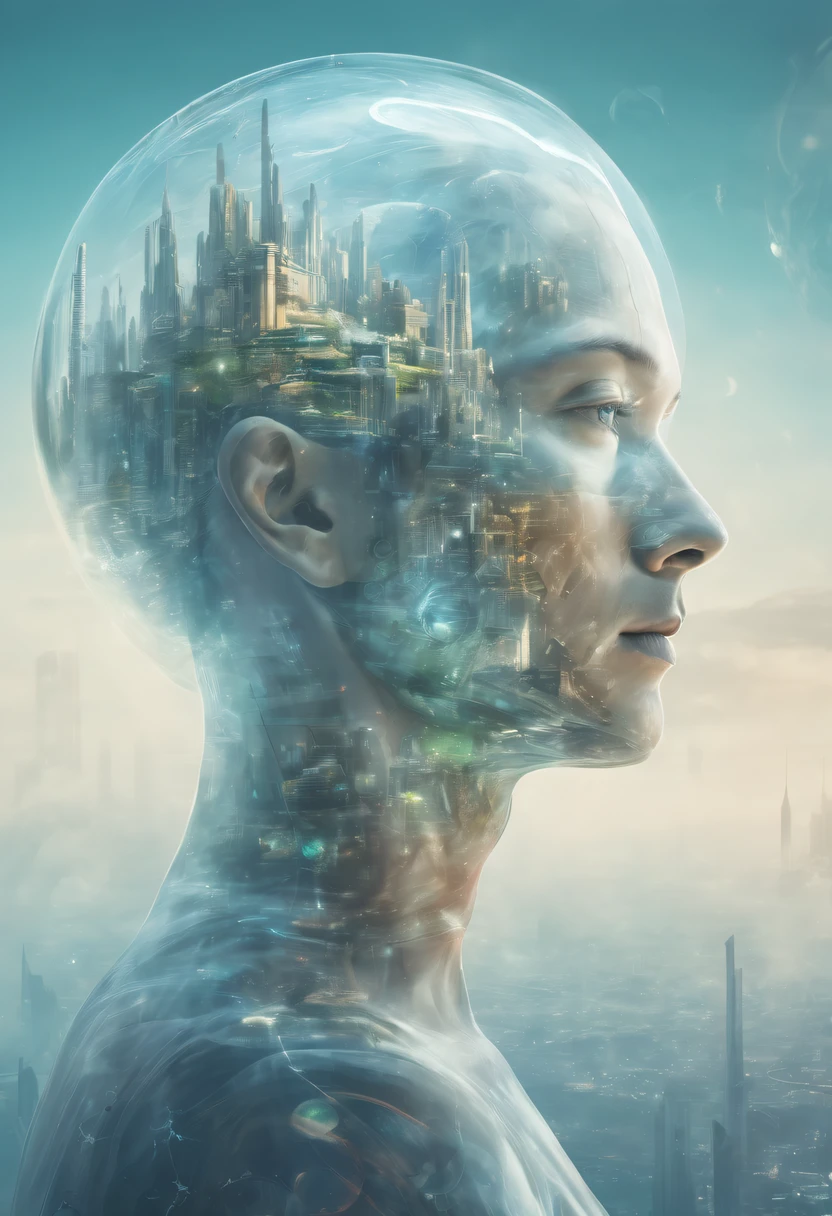 Dubrec style,Transparent person avatar,Vision of the future utopian world image,(multiple exposure:1.8),Complex illustrations in surrealist art style,Surreal dreams,Future utopian world dream