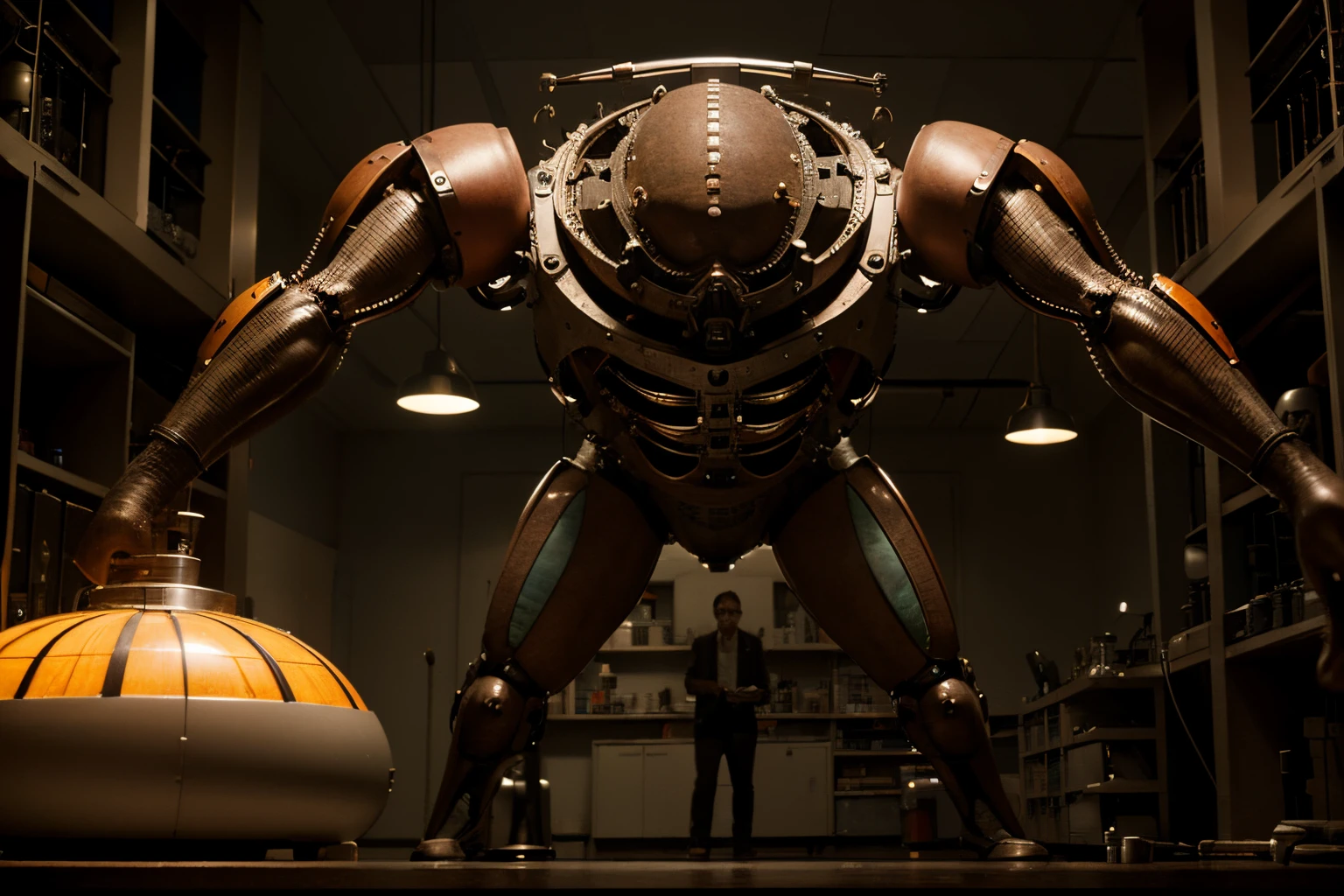 Mad professor in a ridiculous laboratory creates a strange multi-legged machine, hyper-detailed, cinematic shot, bright lighting, comical, comedy