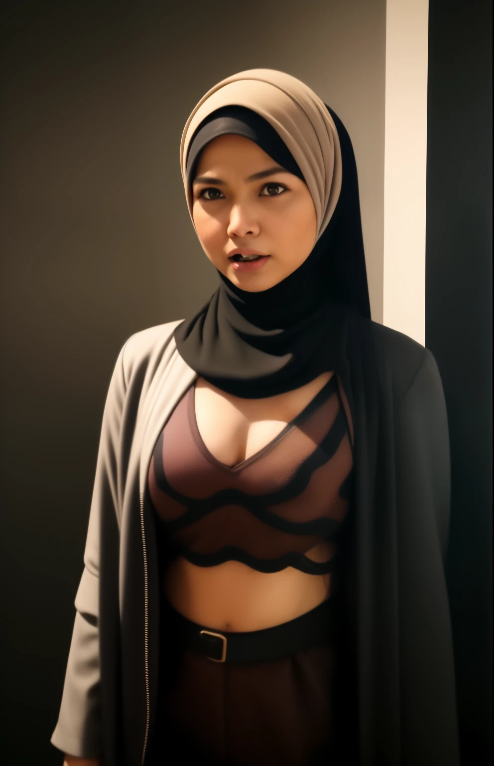 HIJAB MALAY GIRL,, IMF as a good Guy, TECHNOLGY, AI, futuristic, blockchain, International Monetary Fund, (MATRIX WORLD), ((look In front  at the camera ANGRY and open your mouth)).