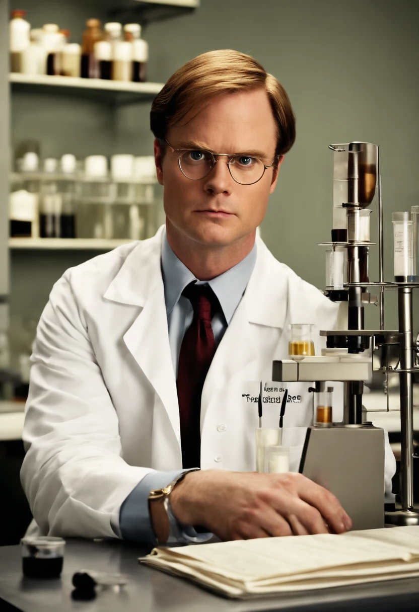 A photo of Dwight wearing a lab coat, carefully examining test tubes and beakers in a science lab.,The Office,Dwight Schrute, another character from “The Office,” is known for his distinct, somewhat antiquated appearance: a stern expression, a rigid, formal posture, and usually dressed in a mustard-colored shirt and dark tie. His hairstyle is severe and practical, matching his no-nonsense attitude. , male