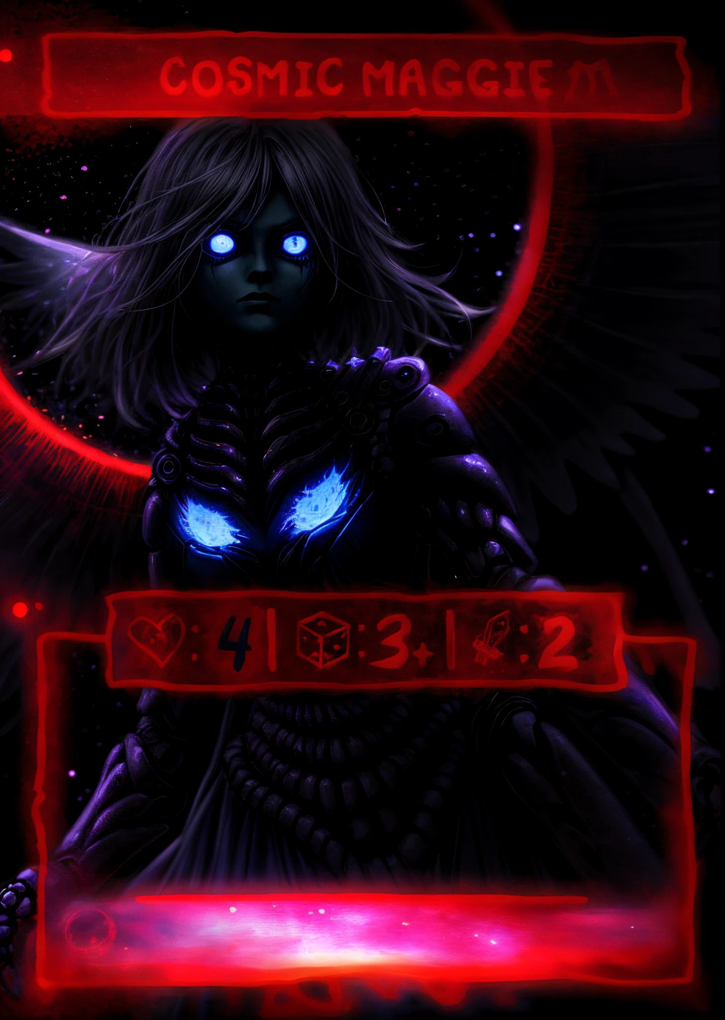 Cosmic Fallen female Angel, black caved in eyes, Biomechanical, eerie, Creepy, nightmarish, Very bright colors, Light particles, with light glowing, Mshiff, wallpaper art, UHD wallpaper, cosmic background