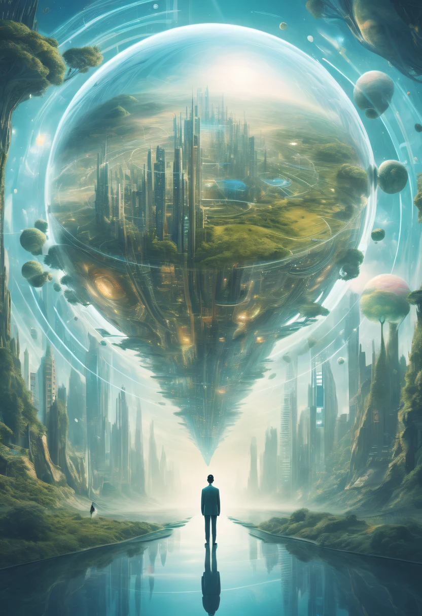 Dubrec style，Transparent person avatar，Vision of the future utopian world image，（multiple exposure：1.8），Complex illustrations in surrealist art style，Surreal dreams，Future utopian world dream