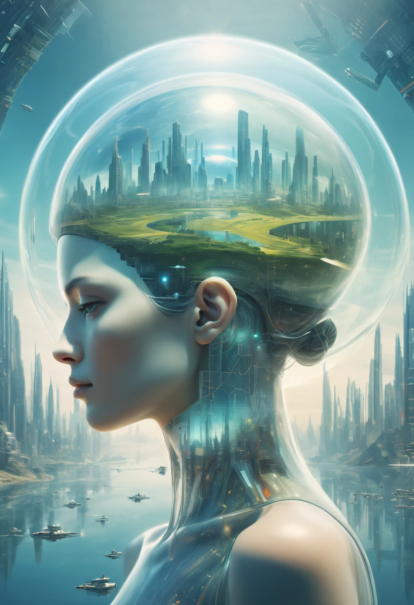 Dubrec style，Transparent person avatar，Vision of the future utopian world image，（multiple exposure：1.8），Complex illustrations in surrealist art style，Surreal dreams，Future utopian world dream