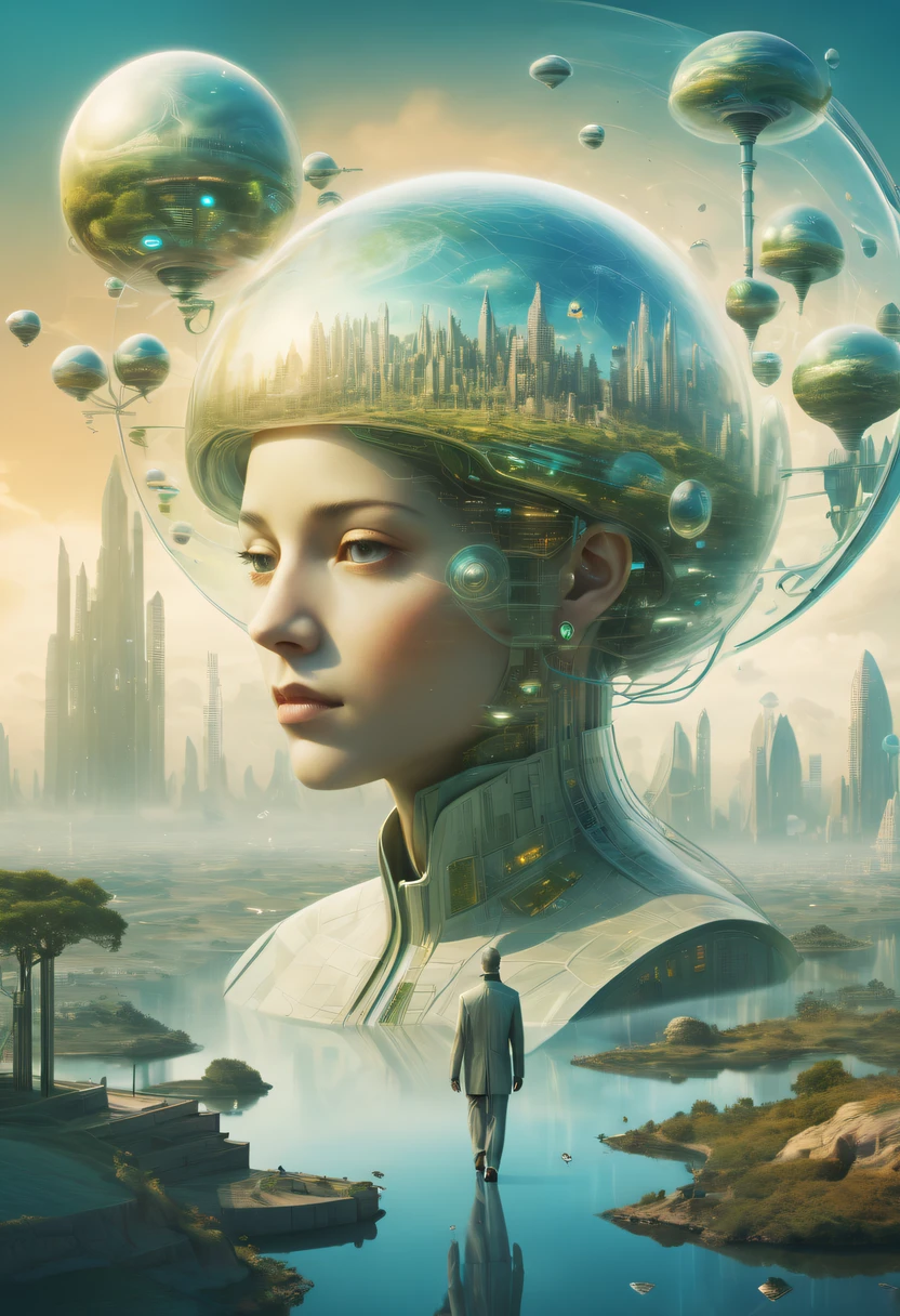 Dubrec style，Transparent person avatar，Vision of the future utopian world image，（multiple exposure：1.8），Complex illustrations in surrealist art style，Surreal dreams，Future utopian world dream