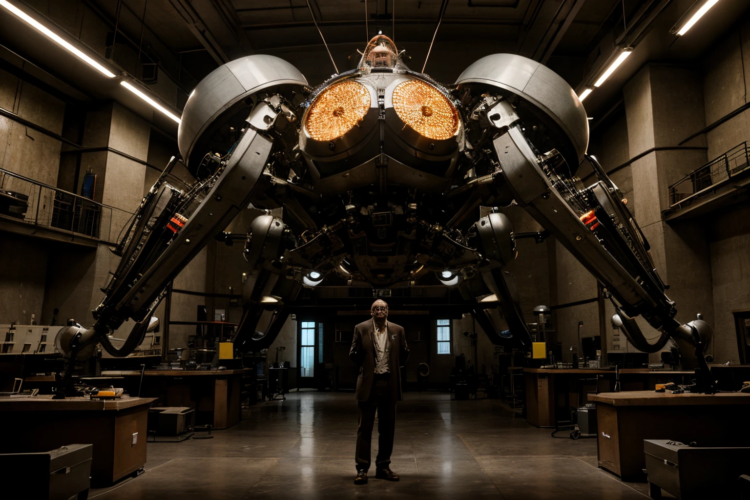 Mad professor in a ridiculous laboratory creates a strange multi-legged machine, hyper-detailed, cinematic shot, bright lighting, comical, comedy