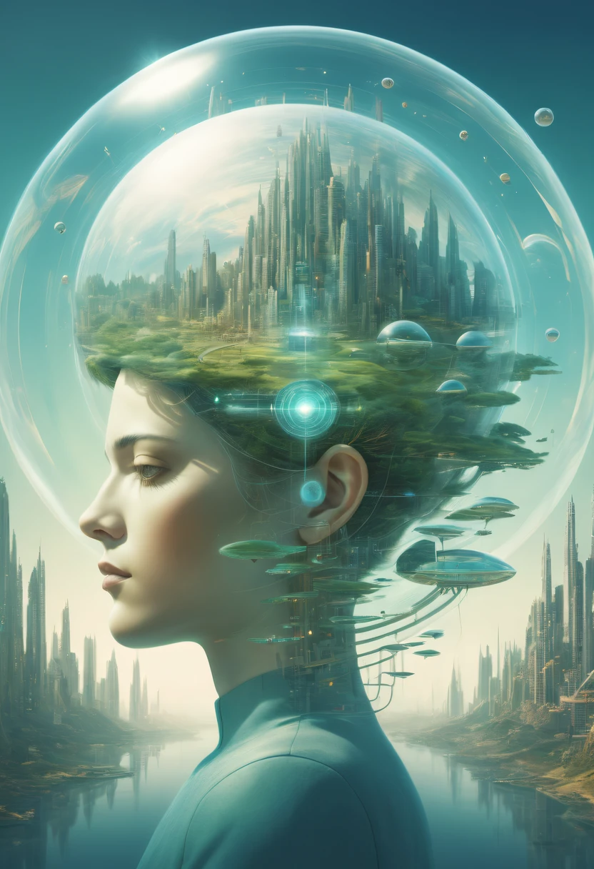 Dubrec style,Transparent person avatar,Vision of the future utopian world image,(multiple exposure:1.8),Complex illustrations in surrealist art style,Surreal dreams,Future utopian world dream