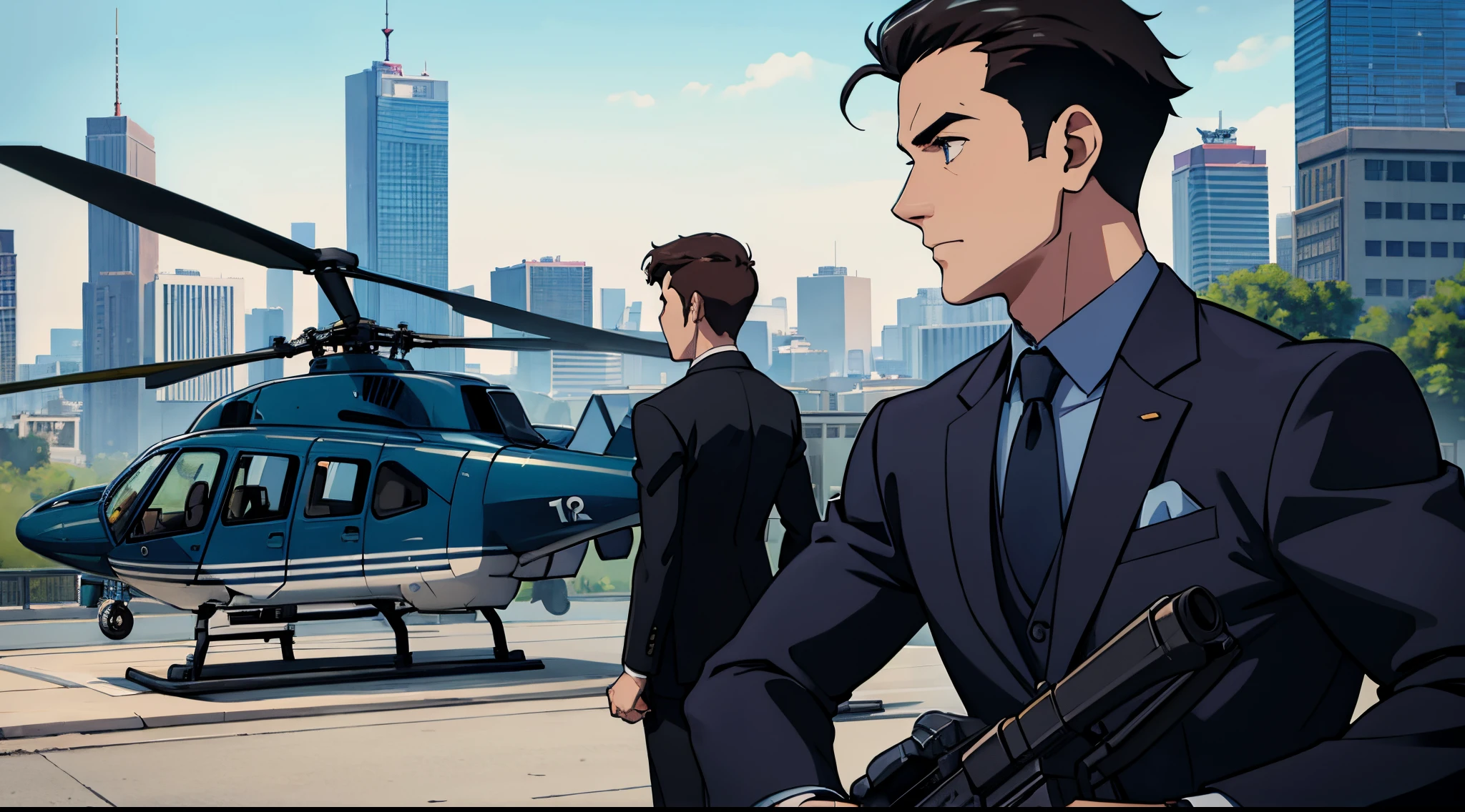 A close-up helicopter with men in suits holding rifles,city in the background