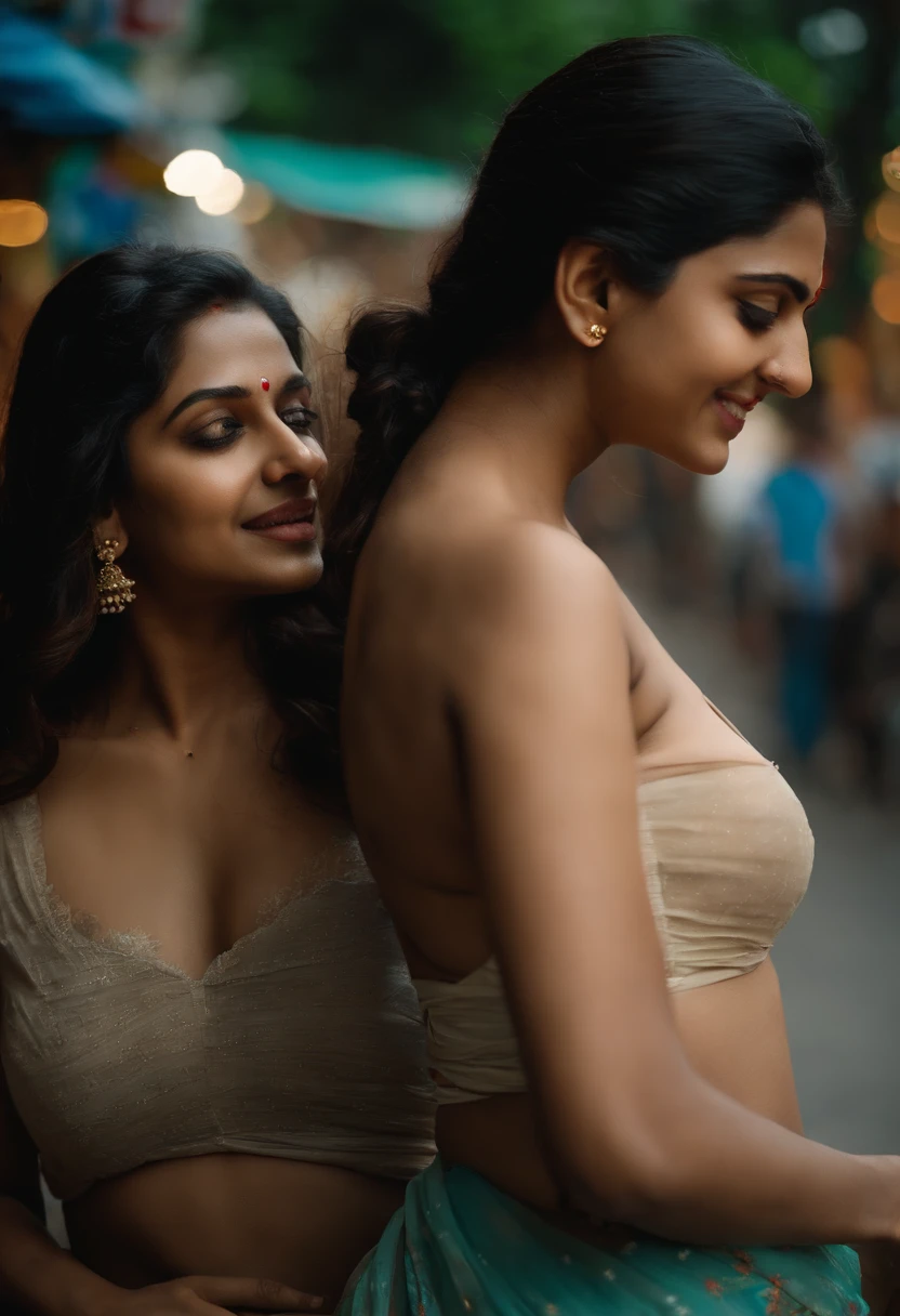 Two Fully naked girls looking exactly like Tamannah Bhatia and kajal Aggarwal groping each other's boobs in a busy street in India. They are lesbians and intimate with each other