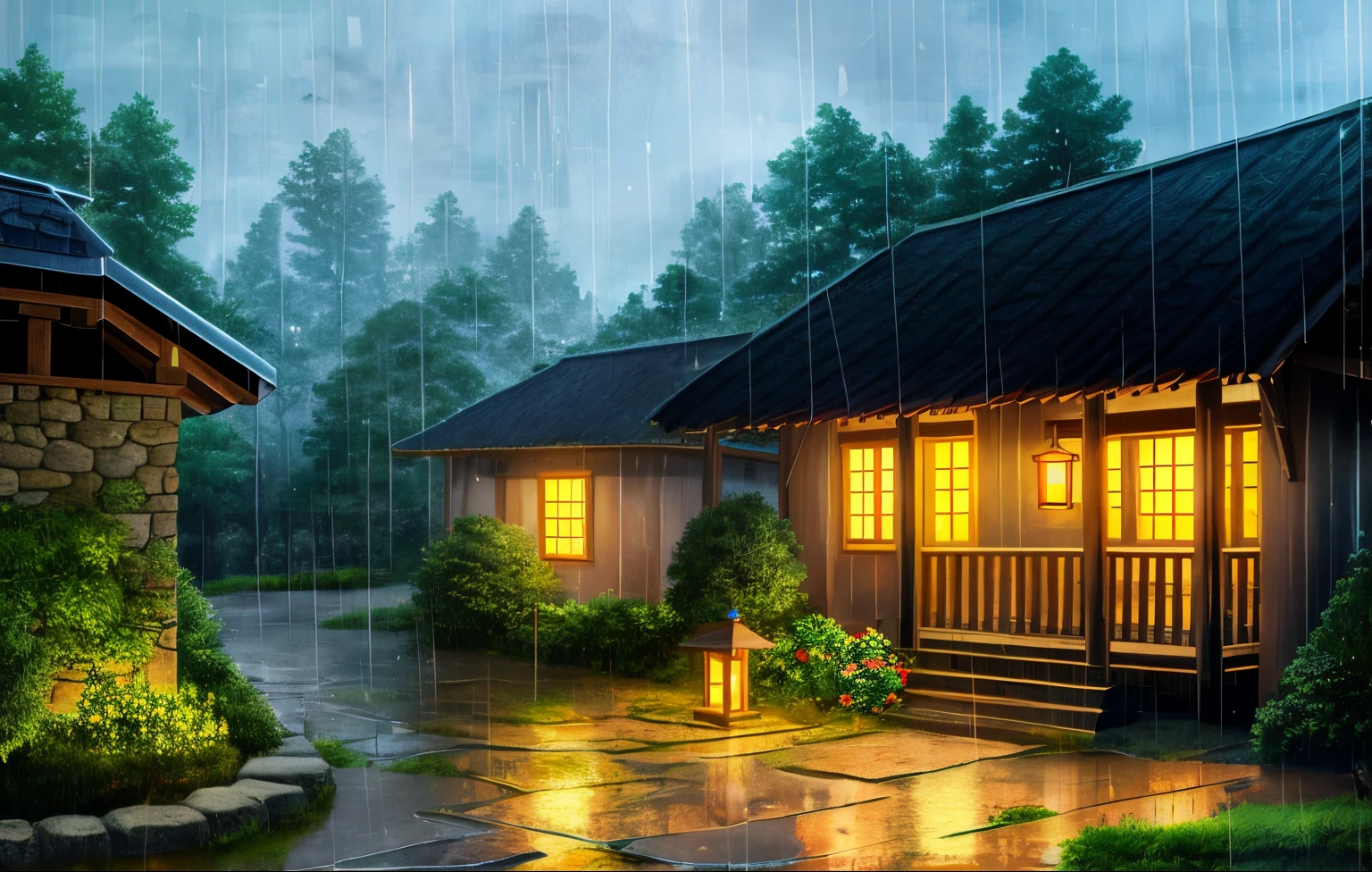 scenery, forest, village, well, rain, night, lantern,