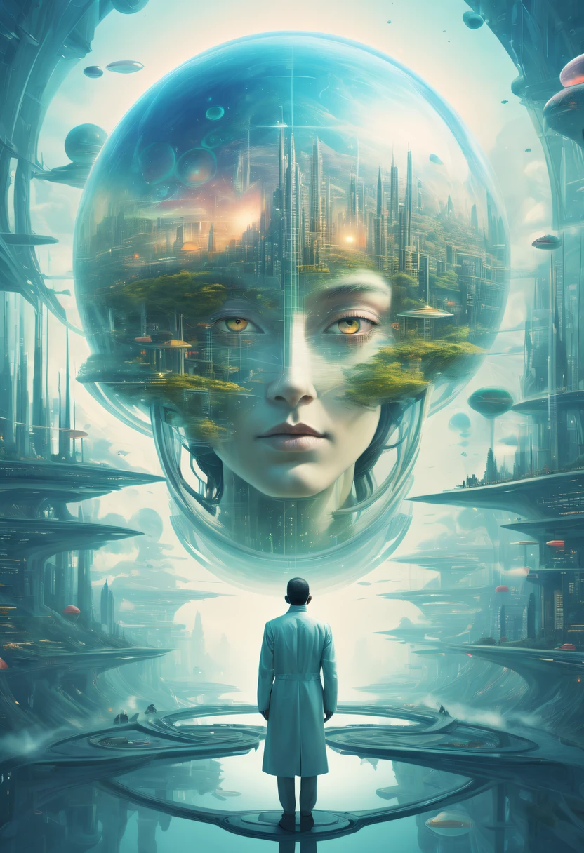 Dubrec style,Transparent person avatar,Vision of the future utopian world image,(multiple exposure:1.8),Complex illustrations in surrealist art style,Surreal dreams,Future utopian world dream