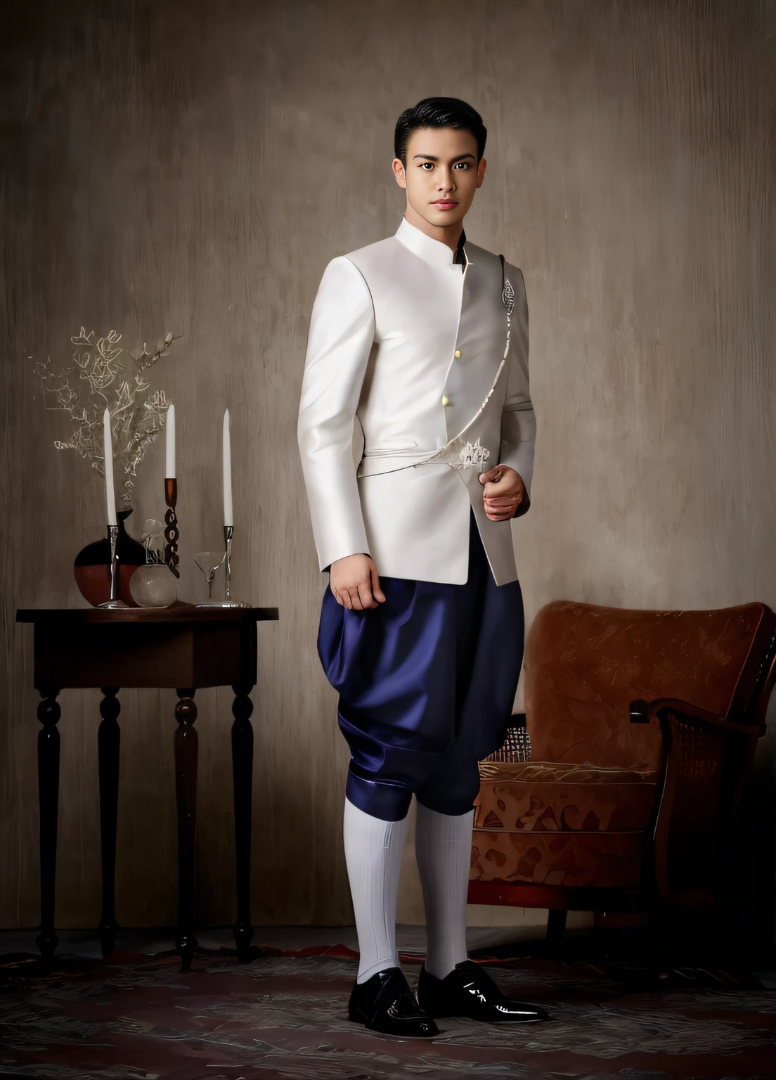arafed man in a white jacket and blue pants standing in a room, dressed in a jodhpuri suit, looking regal and classic, in a flowing white tailcoat, beautiful androgynous prince, delicate androgynous prince, imperial royal elegant clothing, elegant regal posture, royal elegant pose, aristocratic appearance, royal attire, ornate attire, formal attire