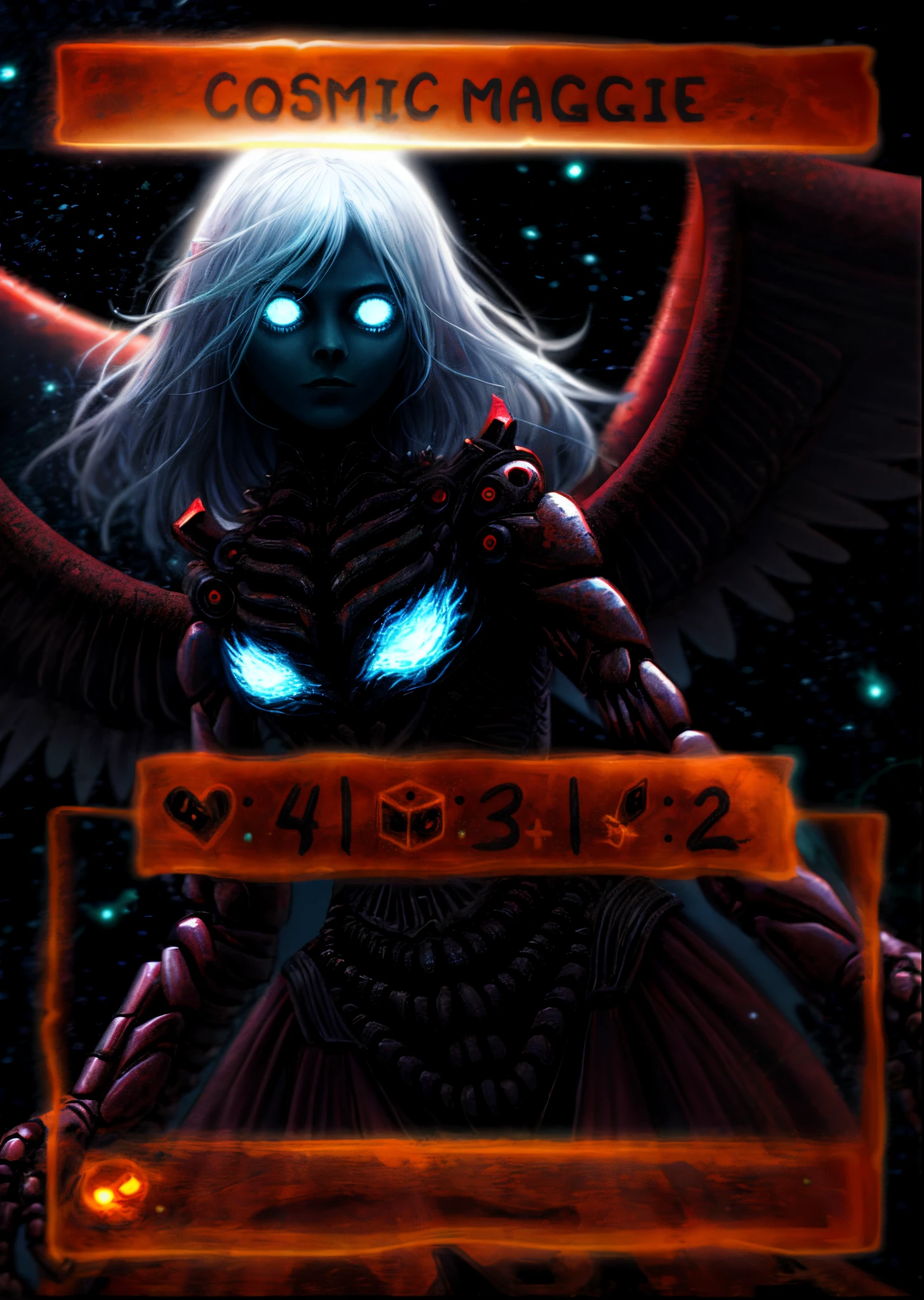 Cosmic Fallen female Angel, black caved in eyes, Biomechanical, eerie, Creepy, nightmarish, Very bright colors, Light particles, with light glowing, Mshiff, wallpaper art, UHD wallpaper, cosmic background