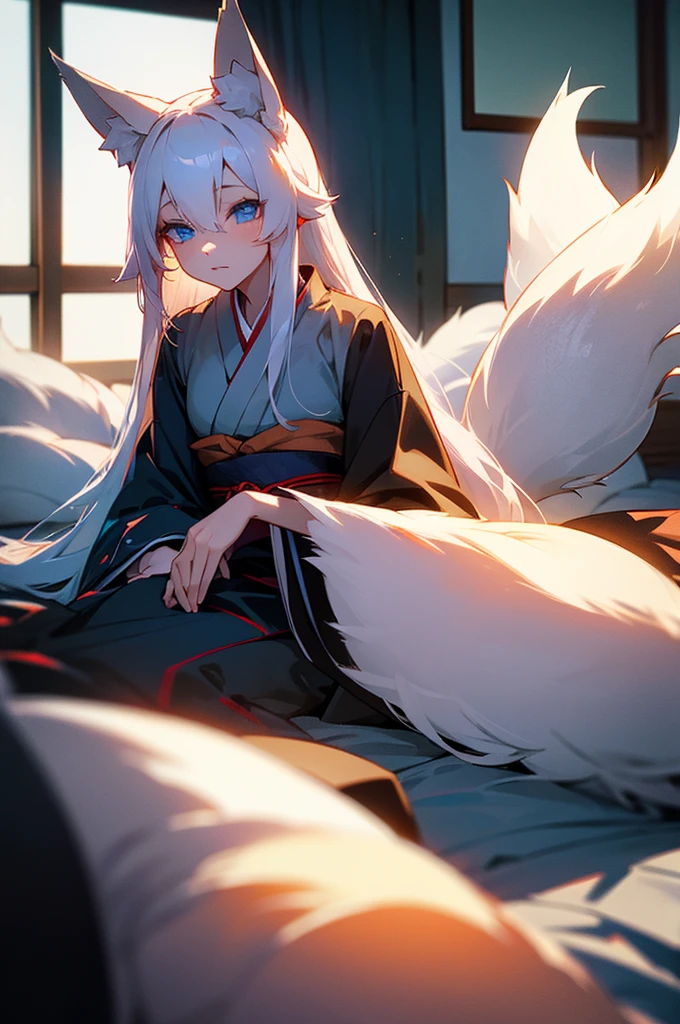 Beautiful young girl, long white hair, blue eyes, dimly-lit, bedroom, kitsune, fox-ears, fox-tail, kimono.