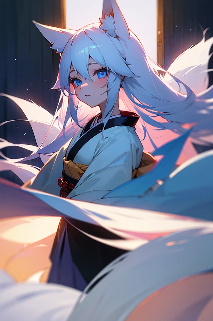 Beautiful young girl, long white hair, blue eyes, dimly-lit, bedroom, kitsune, fox-ears, fox-tail, kimono.