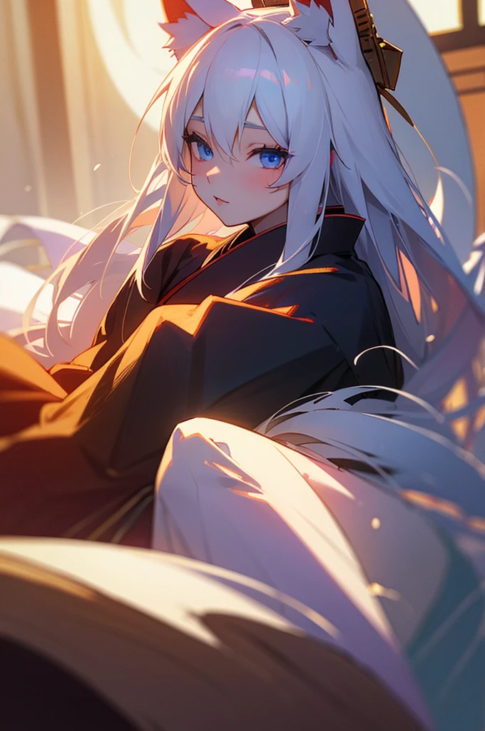 Beautiful young girl, long white hair, blue eyes, dimly-lit, bedroom, kitsune, fox-ears, fox-tail, kimono.