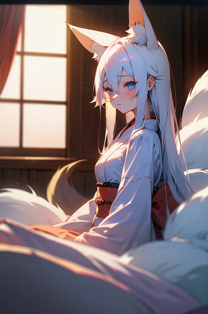 Beautiful young girl, long white hair, blue eyes, dimly-lit, bedroom, kitsune, fox-ears, fox-tail, kimono.