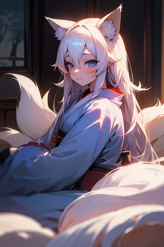 Beautiful young girl, long white hair, blue eyes, dimly-lit, bedroom, kitsune, fox-ears, fox-tail, kimono.