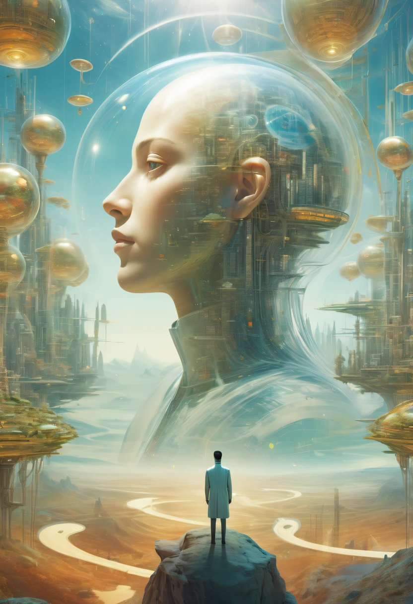 Dubrec style,Transparent person avatar,Vision of the future utopian world image,(multiple exposure:1.8),Complex illustrations in surrealist art style,Surreal dreams,Future utopian world dream