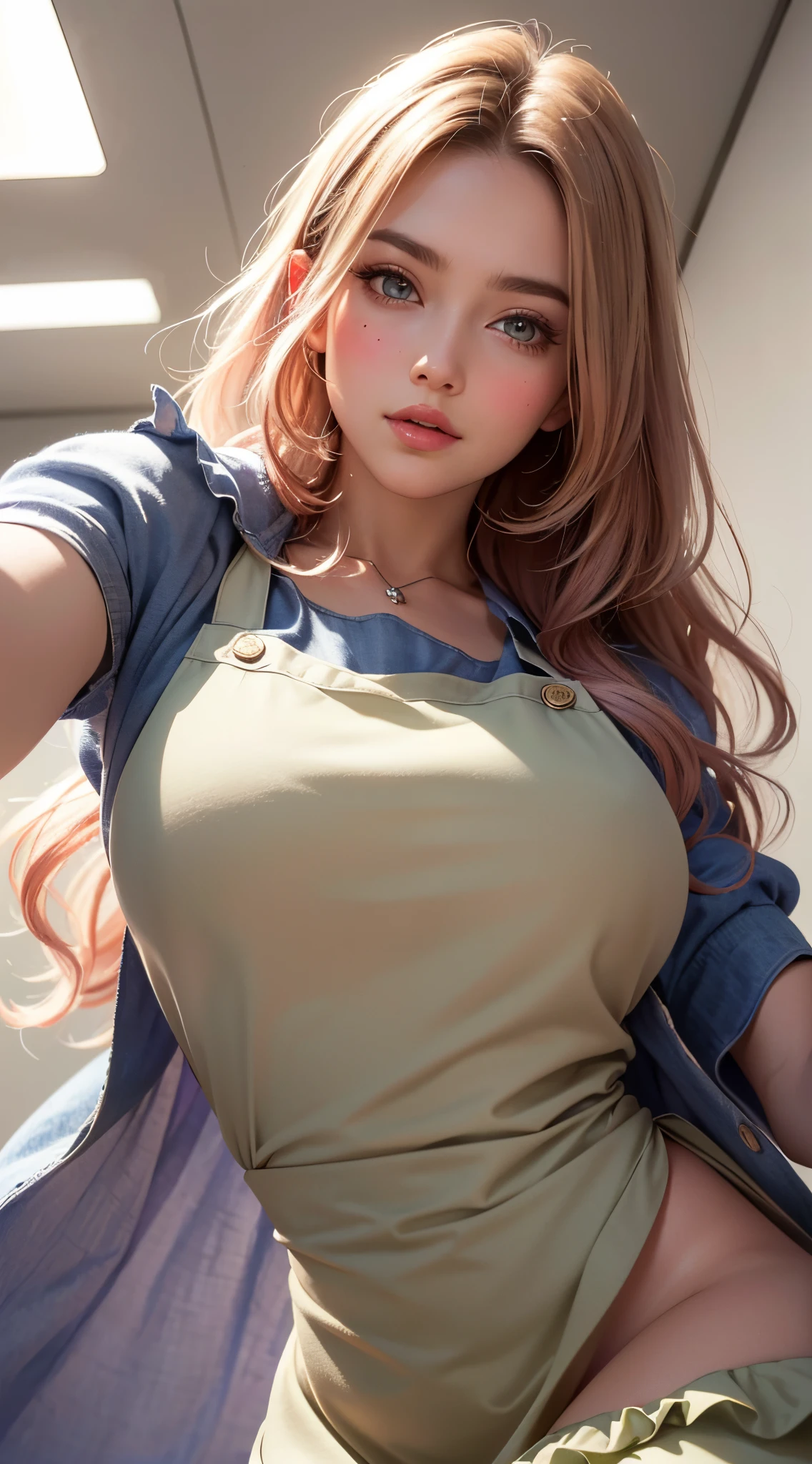 (UHD, retina, masterpiece, ccurate, anatomically correct, textured skin, super detail, high details, high quality, best quality, highres, 1080P, HD, 4K, 8k, 16k), (beautiful detailed eyes, beautiful detailed lips, extremely detailed eyes and face), studio lighting, physically-based rendering, vivid colors, (big tits, super big tits, super extra big tits, glamorous body), (naked apron with frills:1.2), (portrait, shiny hair, shiny skin), (bokeh), (tilt your head to the side:1.5), eye reflection, (blush, parted lips, from below:1.5),