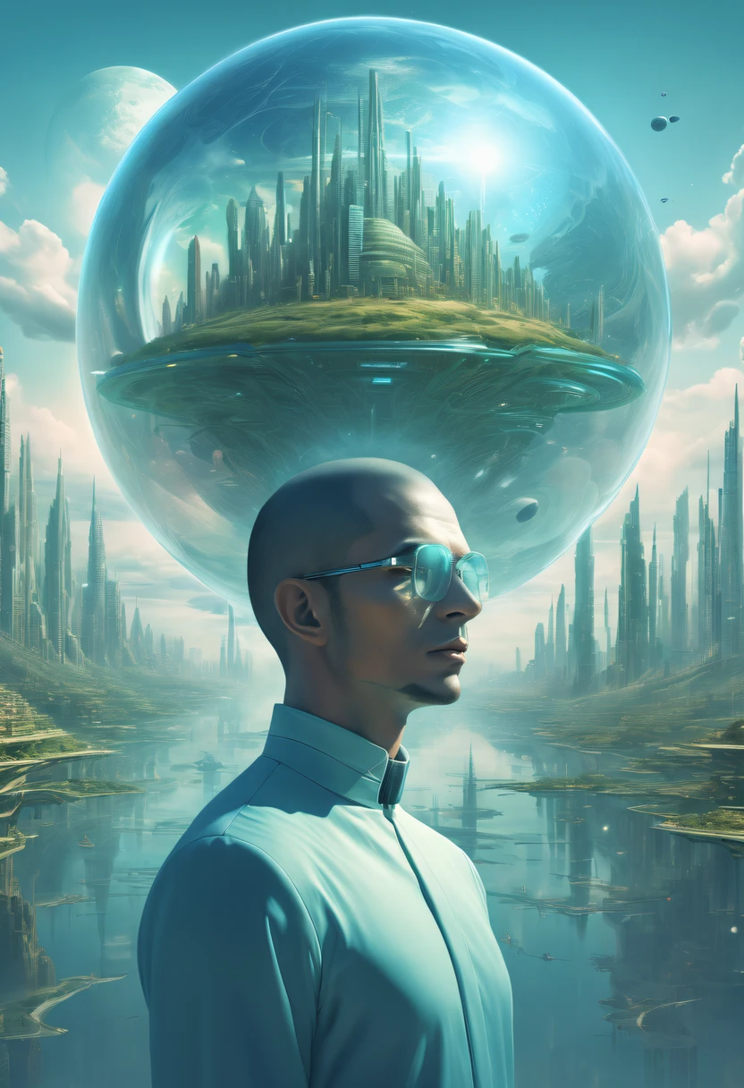 Dubrec style,Transparent person avatar,Vision of the future utopian world image,(multiple exposure:1.8),Complex illustrations in surrealist art style,Surreal dreams,Future utopian world dream