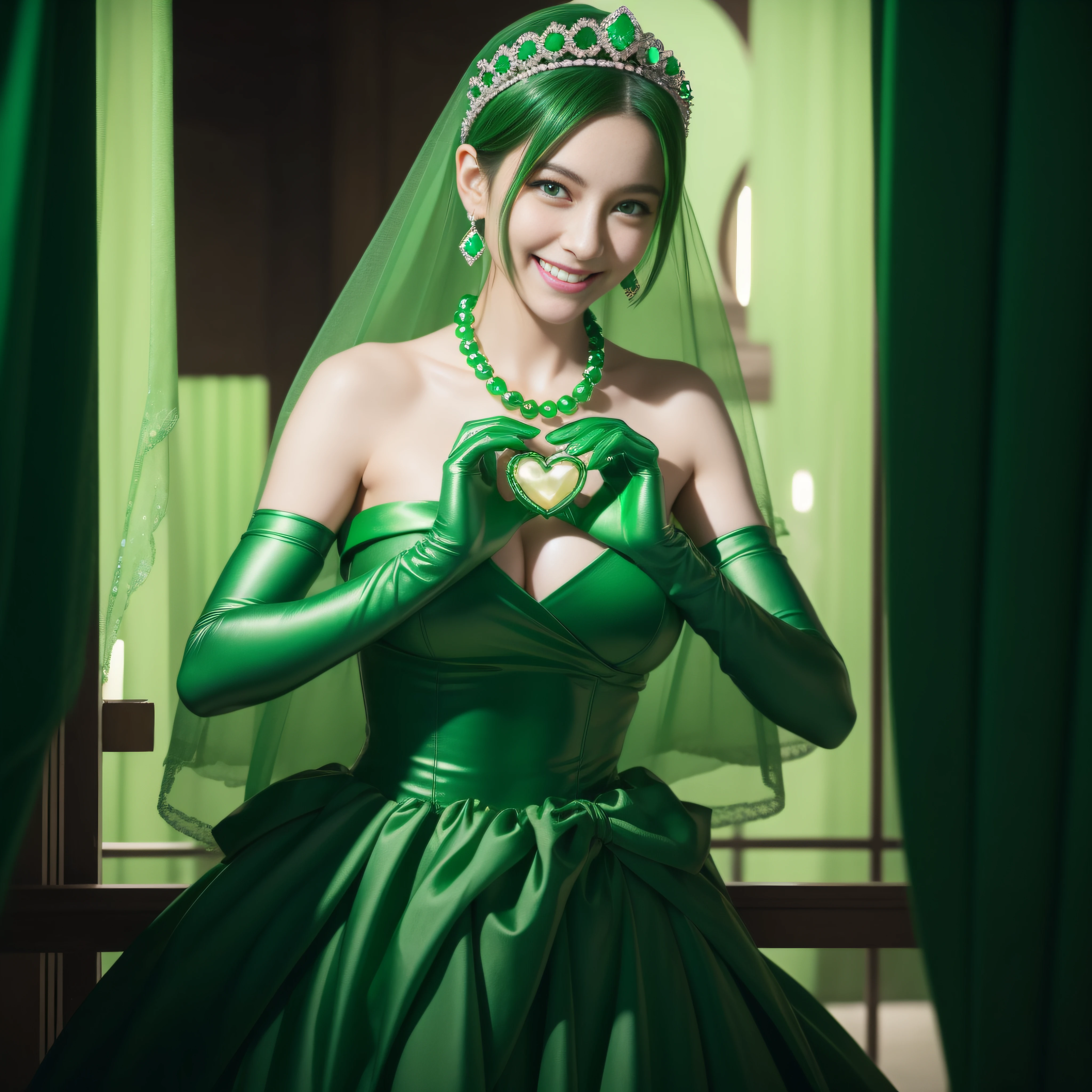 emerald tiara, Green Pearl Necklace, Boyish very short green hair, lipsticks, Japan woman smiling, very short short hair,  big breasts beautiful, Green eyes, Long green gloves made of satin material, Green eyes, Emerald Earrings, green vale, Heart with both hands