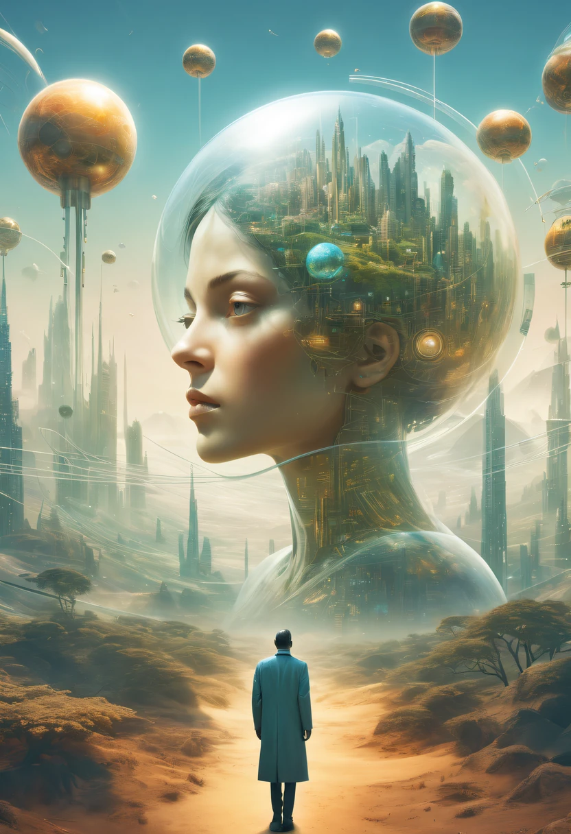 Dubrec style,Transparent person avatar,Vision of the future utopian world image,(multiple exposure:1.8),Complex illustrations in surrealist art style,Surreal dreams,Future utopian world dream