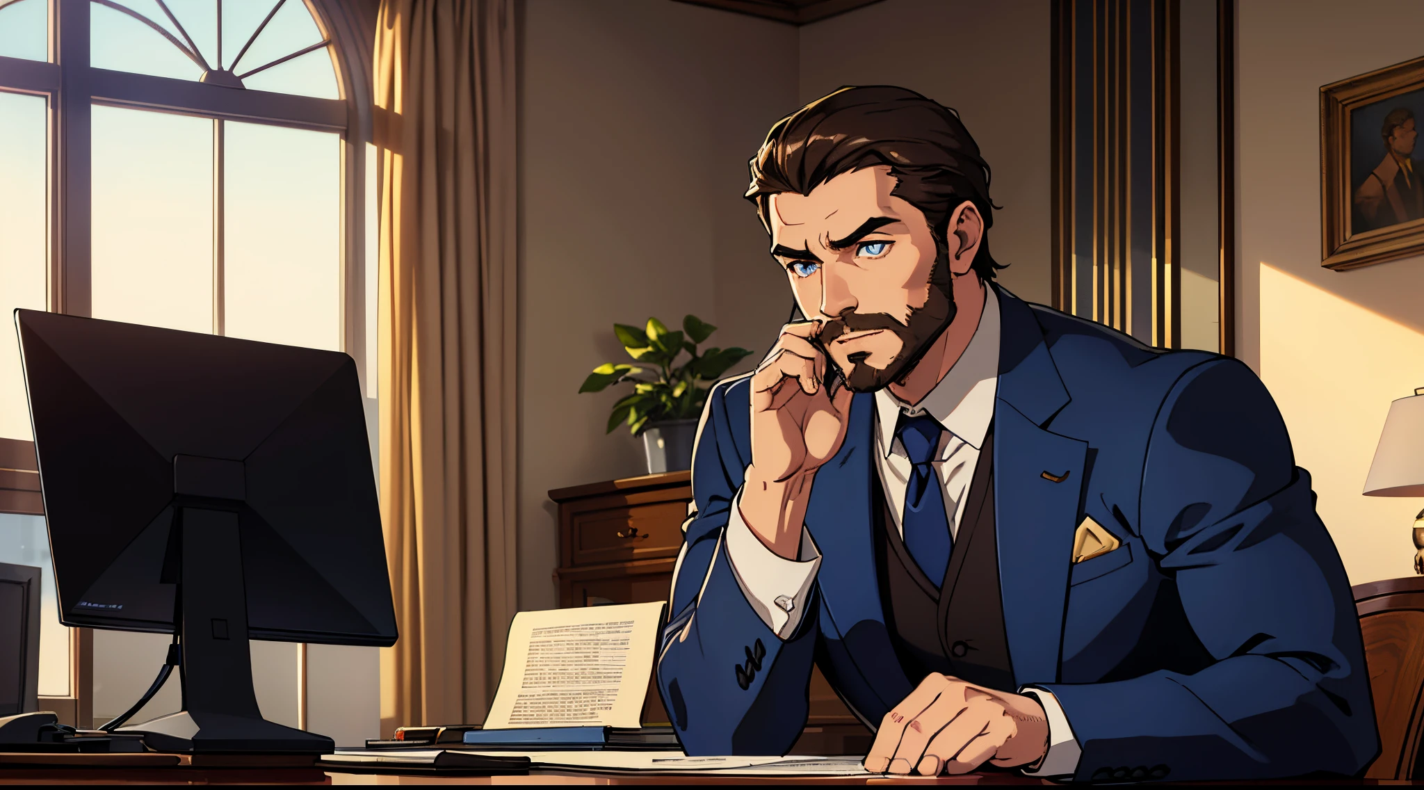 (best quality,4k,8k,highres,masterpiece:1.2),ultra-detailed,(realistic,photorealistic,photo-realistic:1.37), up close portrait, one young student named ((argo)(athletic)), muscular, with brown beard and slicked back hair, beautiful detailed blue eyes, strong and masculine presence, wearing a tailored blue suit. The student's expression is filled with fear and worry, while he glances over his shoulder. The surroundings reveal an expensive, elegant office with floor-to-ceiling windows that overlook a stunning city skyline, casting a soft golden glow into the room. The office is furnished with luxurious leather furniture, a large oak desk, and intricate artwork adorning the walls.