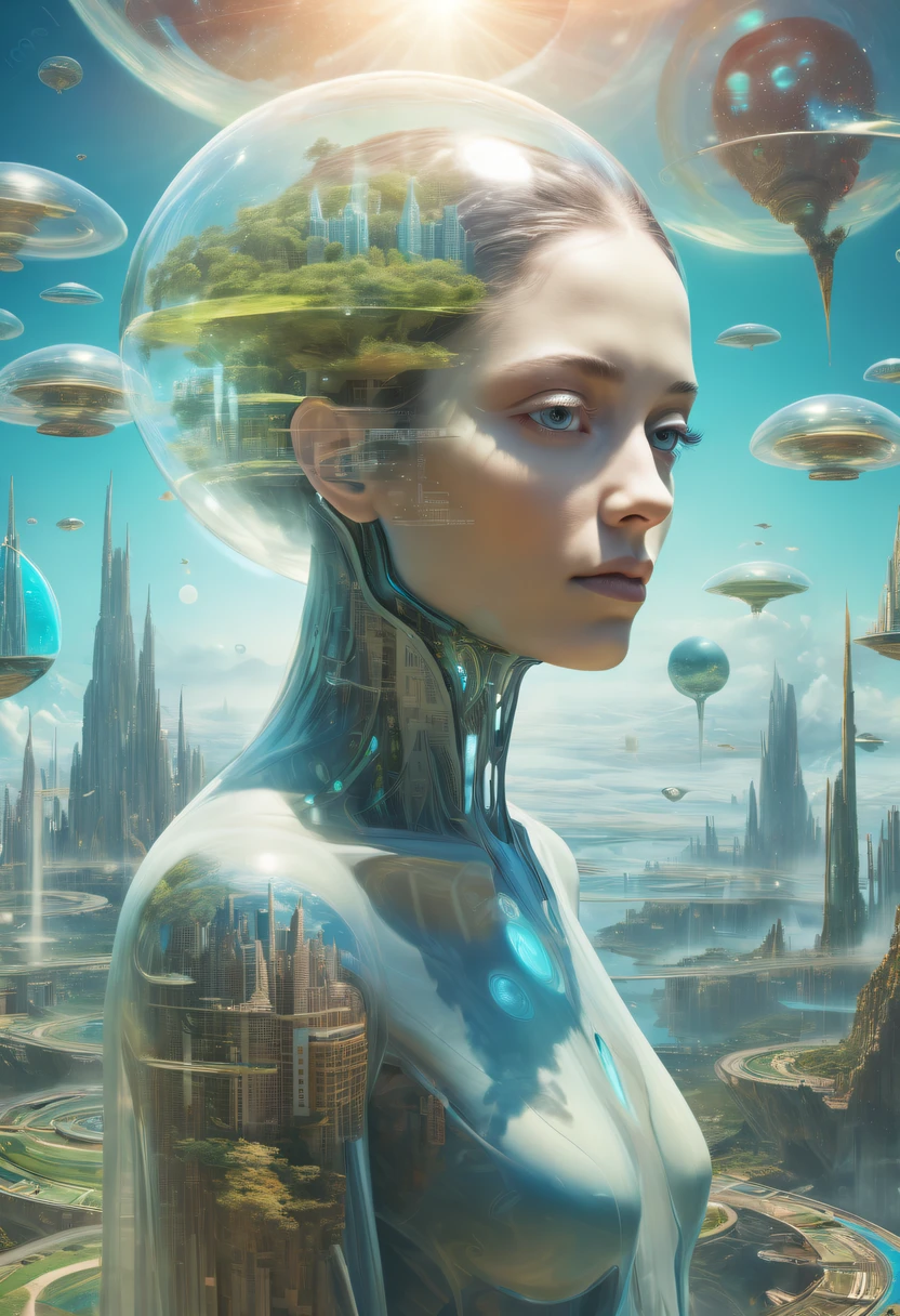 Dubrec style，Transparent person avatar，Vision of the future utopian world image，（multiple exposure：1.8），Complex illustrations in surrealist art style，Surreal dreams，Future utopian world dream