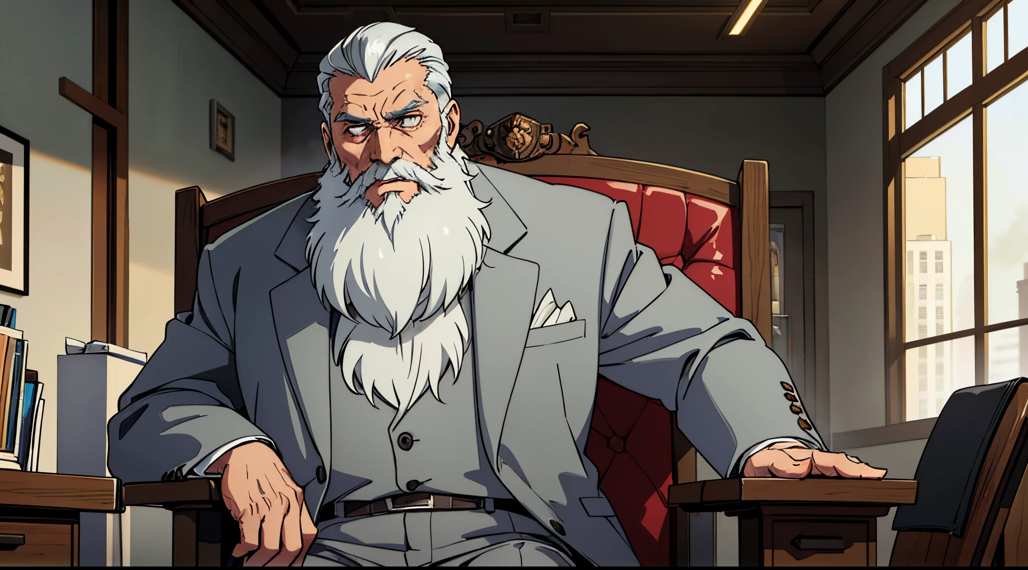 A master called (((Azok))) ,old, strong, bearded, grey suit, detailed face, gray hair and beard, intense gaze, commanding presence, wise expression, wrinkled skin, textured aging, confident posture, firm stance,  Is sitting in his office chair in a expensive massive office with a huge window behind him, looking directly into the camera, smoking a cigar