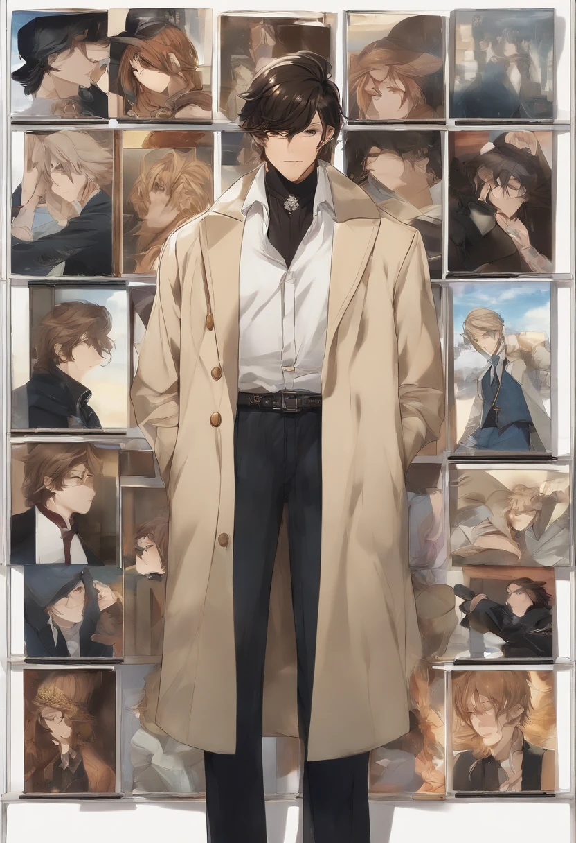 A photo of the character meticulously arranging a set of anime posters in a symmetrical display on the wall.,original,skinny, bad skin, long hair, greasy hair, ferrety face, wispy moustache , male