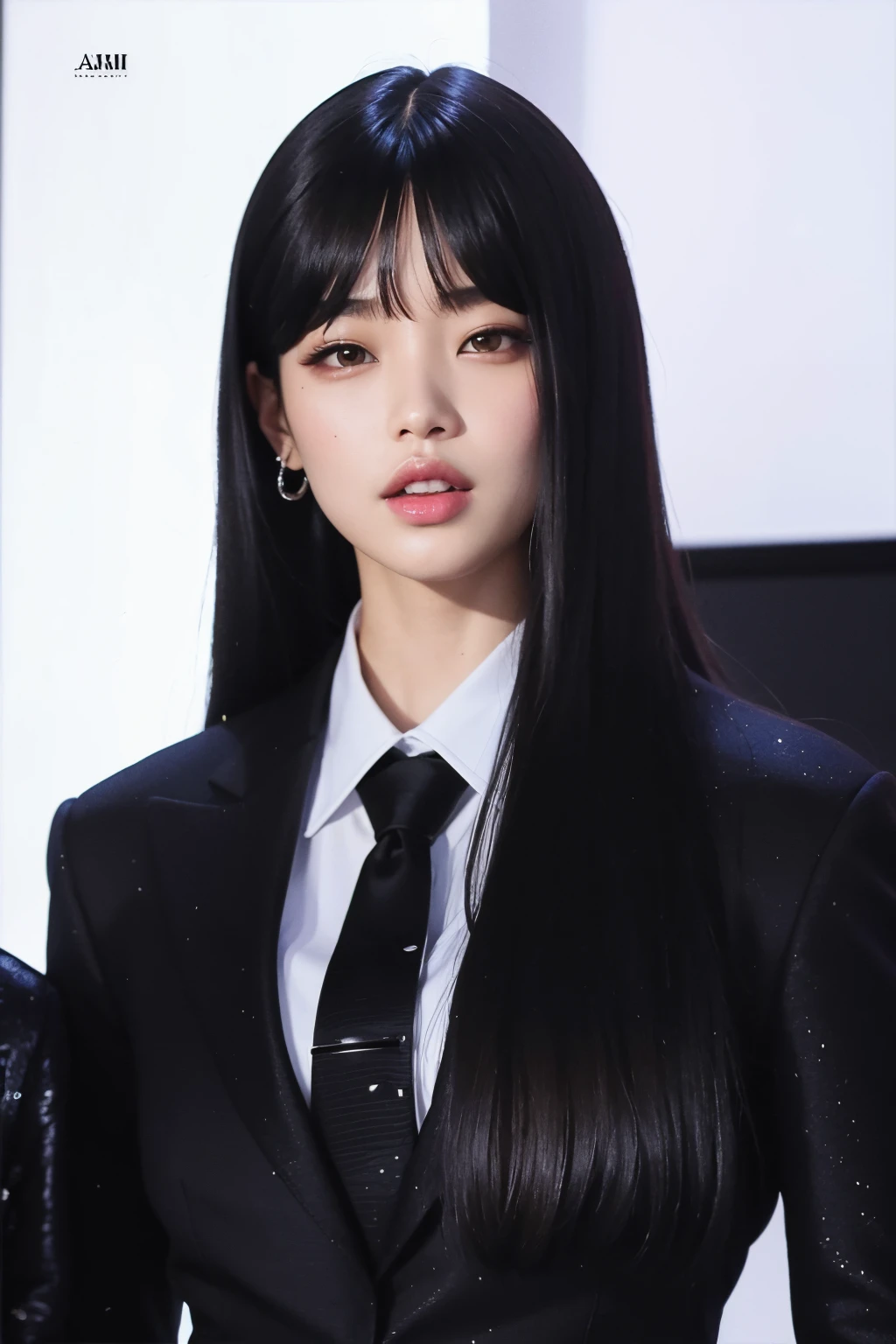 Araffe Asian woman with long black hair wearing a suit and tie, Ela tem cabelo preto com franja, Lalisa Manobal, Jaeyeon Nam, Retrato de Jossi de Blackpink, jossi do blackpink, Lalisa Manoban do Blackpink, com franja completa, com franja, Bae Suzy, Parque Ji-min, Lee Ji-eun