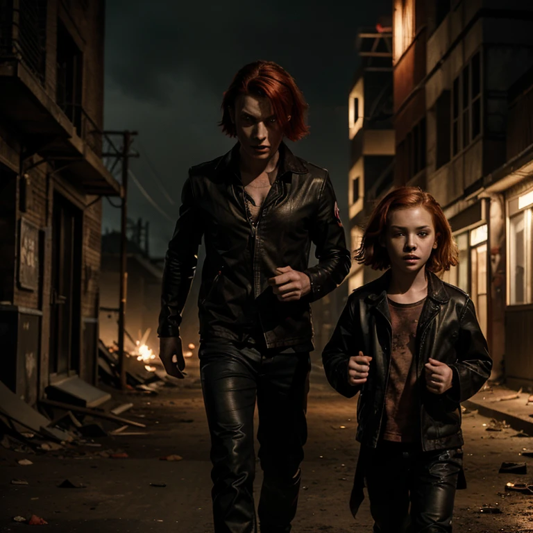 Male vampire with blond hair and red eyes running across a dystopian wasteland with a vampire girl with short red hair and red eyes at night, post apocalyptic, dark mystic setting, low light. The girl must have red hair and red eyes. The man must have blond hair and red eyes