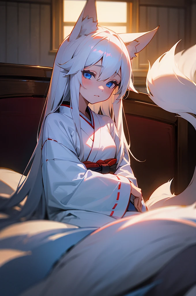 Beautiful young girl, long white hair, blue eyes, dimly-lit, bedroom, kitsune, fox-ears, fox-tail, kimono.
