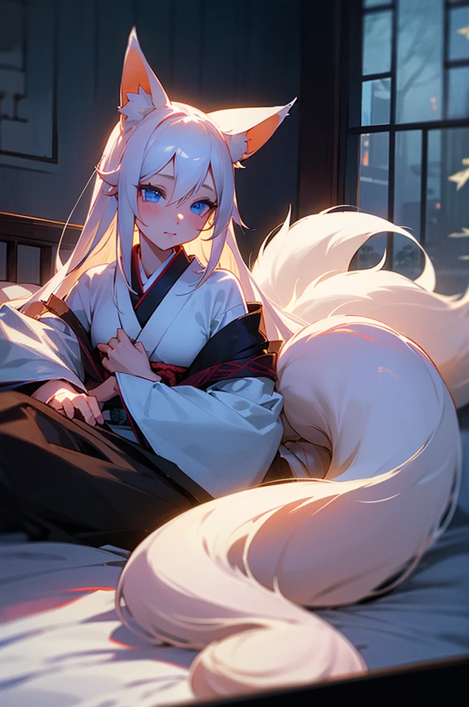 Beautiful young girl, long white hair, blue eyes, dimly-lit, bedroom, kitsune, fox-ears, fox-tail, kimono.