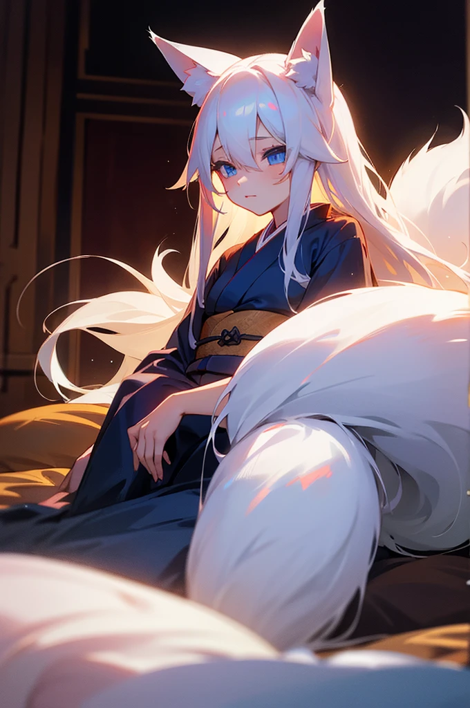 Beautiful young girl, long white hair, blue eyes, dimly-lit, bedroom, kitsune, fox-ears, fox-tail, kimono.