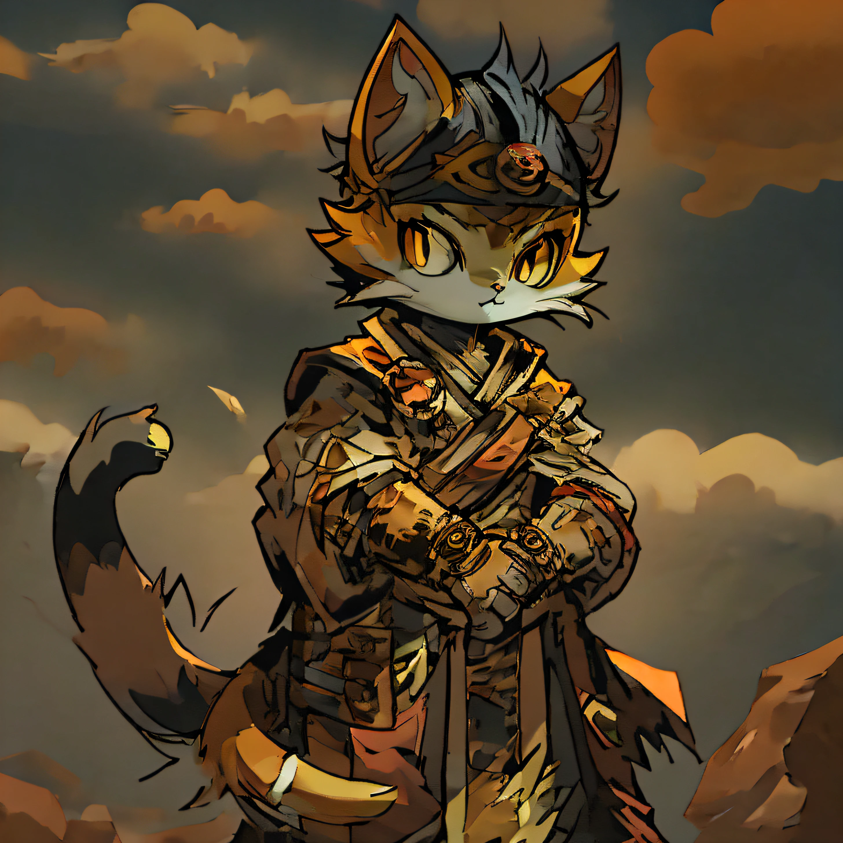 Desert area cartoon characters on sky background, anthro cat, tabasi :: rogue, Cat Warrior Fan Art, Cat Samurai, anthro cat, Wearing golden cat armor, Very very beautiful furry art, Anthropomorphic Cat Ninja, Cat Samurai, portrait of a steampunk catgirl, offcial art, Inspired by Taylor Jacobson, anthro art