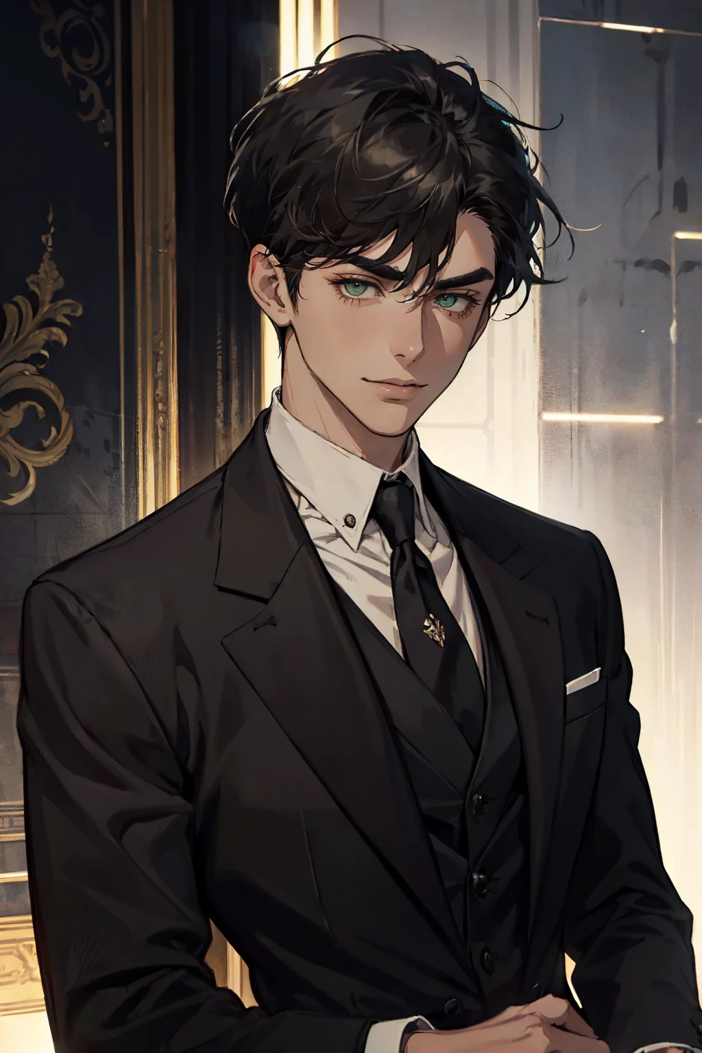 ((One young man with a black suit and tie)), alejandro, (((one side swept dark short neat hair))), ( green eyes and thick eyebrows), ((20 years old)), ((masterpiece)), ((cinematic lighting)), relax look and smirk, waiting for someone