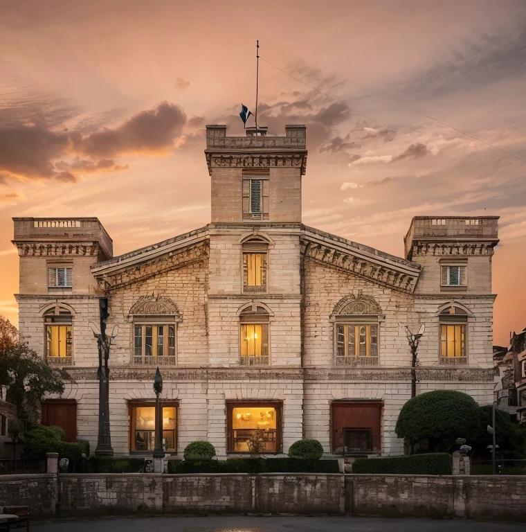 There is a large building with a clock on top of it, Vista frontal, Front view, Fotografia tirada em 2 0 2 0, vista frontal, Vista frontal, Vista lateral de longe, historical image, mid view, Symmetrical front view, vista exterior, imaculadamente detalhado, beautifully symmetrical, imagem empilhada, Completo - Ver, visto de longe