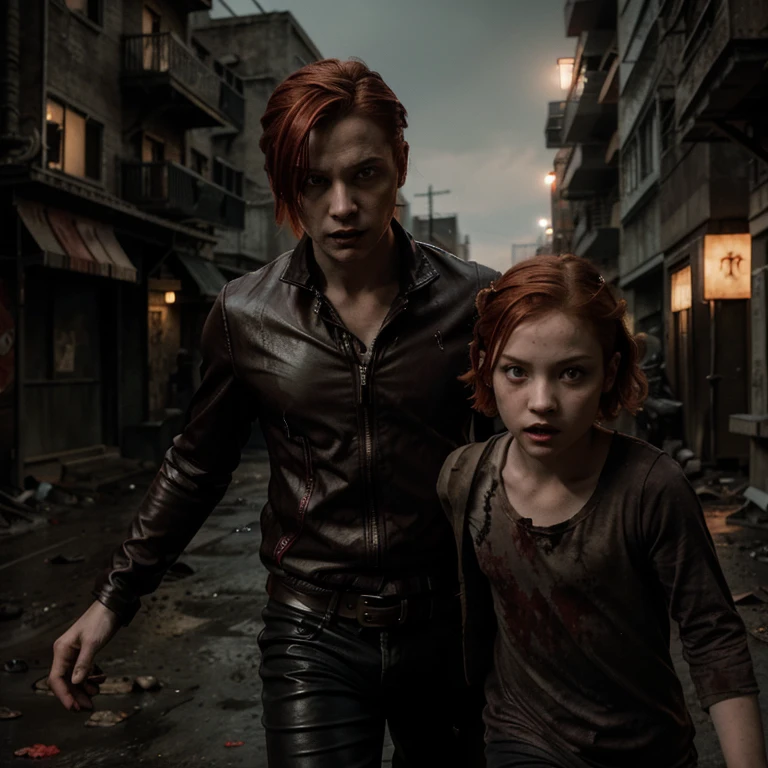 Male vampire with blond hair and red eyes running across a dystopian wasteland with a  vampire child that isrl with short red hair and red eyes at night, post apocalyptic, dark mystic setting, low light. The girl must have red hair and red eyes. The man must have blond hair and red eyes